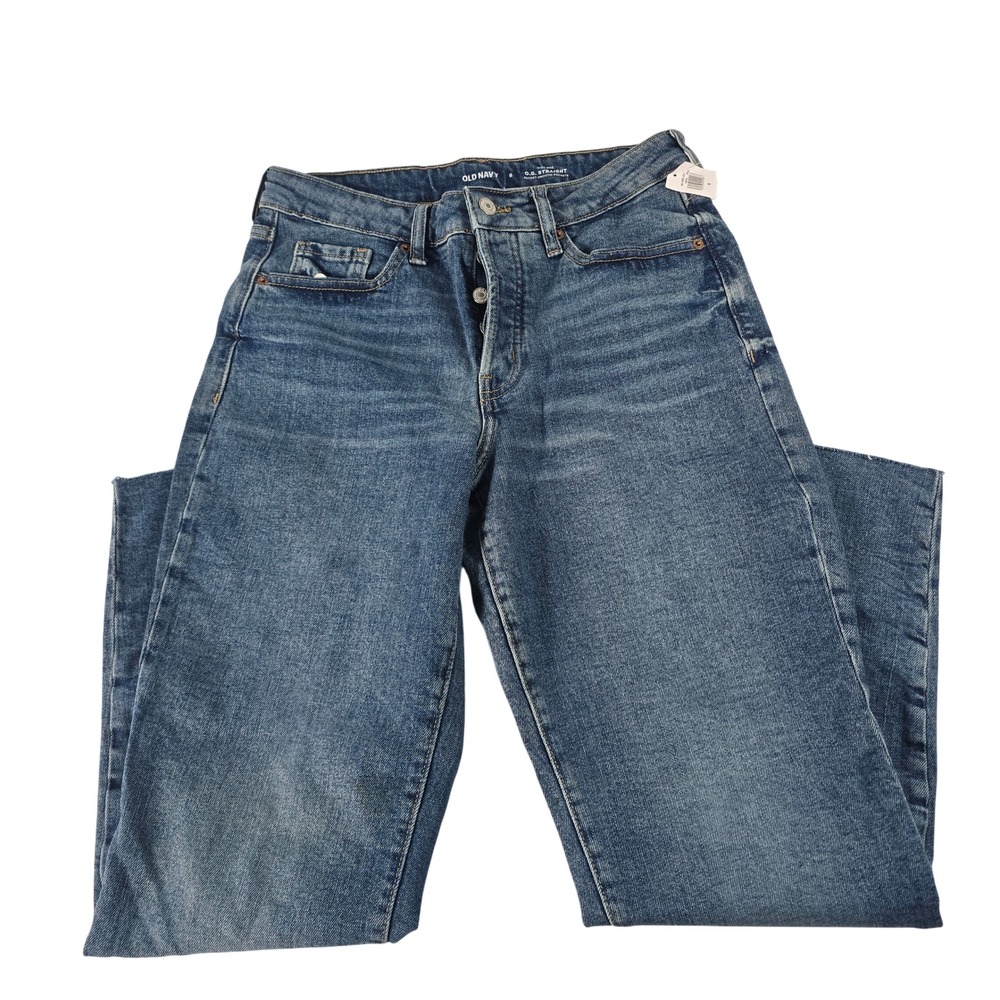 NWT Old Navy OG Straight High Rise Button Fly Jeans Medium Blue Raw Hem Size 6